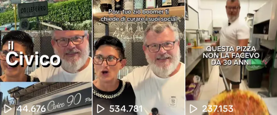 Tre reel di Civico90 con 44.676, 534.781 e 237.153 visualizzazioni