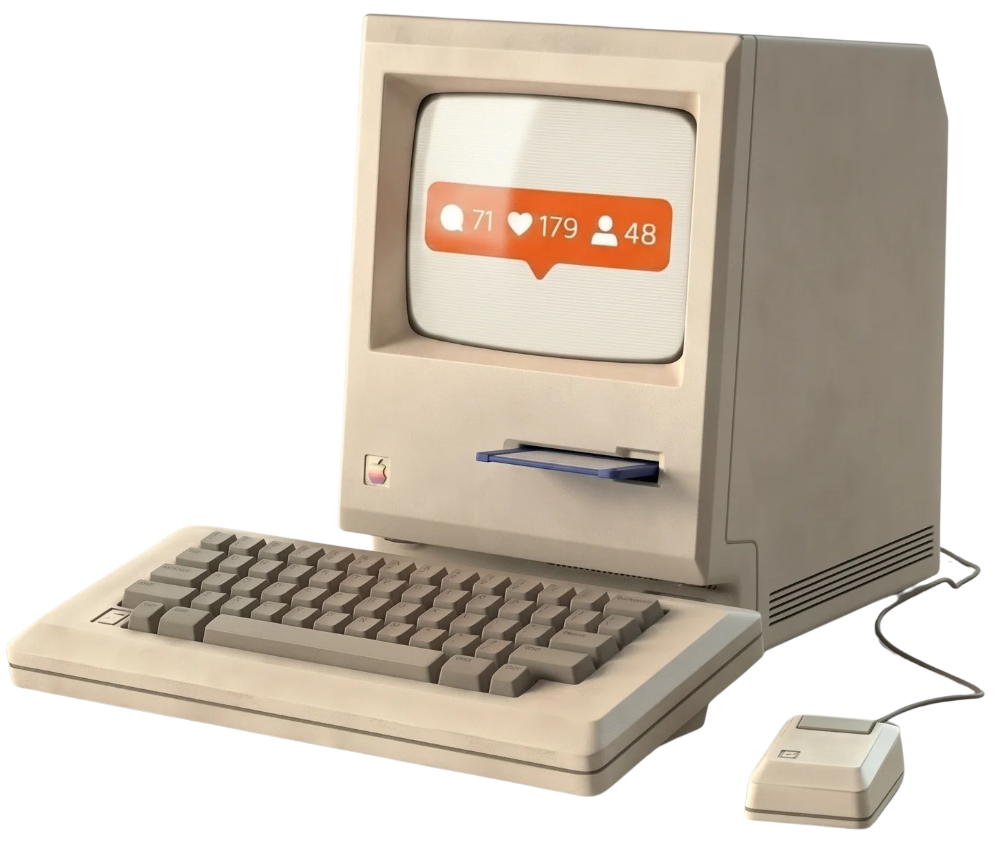 Computer vintage con notifiche social sullo schermo